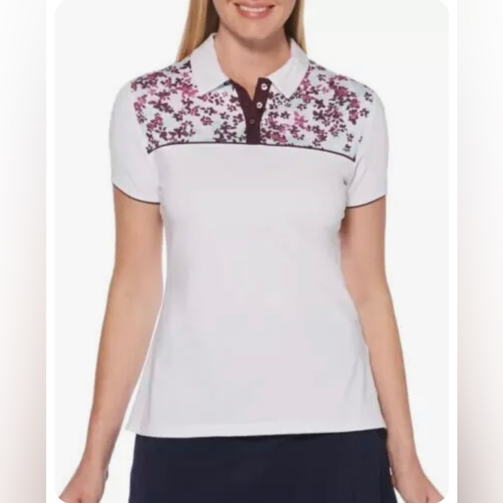Callaway Floral Colorblock Golf Polo White Purple Blue Floral Detail Size Large